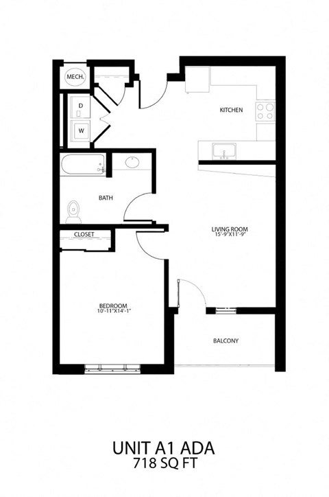 Floor plan for 1 bed, 1 bath, 718 sqft